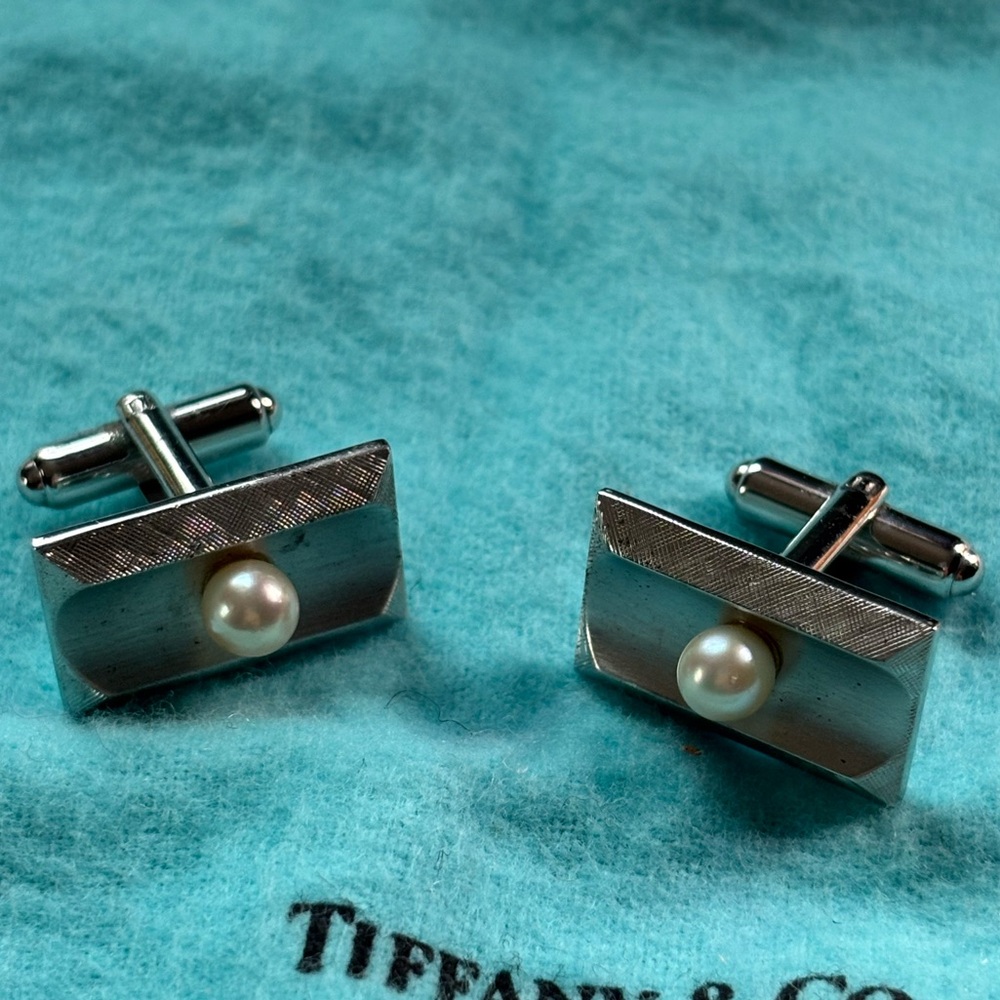 Sterling Silver Heavyweight MCM Genuine Pearl Vintage Cufflinks Rectangular